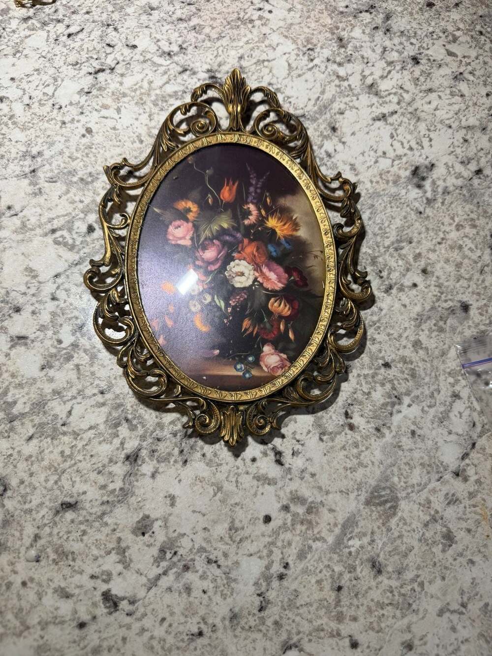 Vintage Italian Brass Oval Floral Picture Frame Convex Glass
